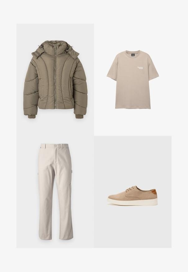 Lekki puchowy kurtka w oliwkowym kolorze, z wysokim kołnierzem, zapięciem na zamek, prążkowanymi mankietami oraz pikowanym wzorem z zakrzywionymi szwami.; Beżowa koszulka z krótkim rękawem wykonana z miękkiej bawełny. Posiada okrągły dekolt i mały biały nadruk z napisem "Bezszwowy design" z przodu.; Beżowe spodnie cargo wykonane z mocnej bawełny, o prostych nogawkach, z zapięciem na guzik z przodu i kieszeniami bocznymi dla wygody. Gładka tekstura z subtelnym przeszyciem.; Beżowe zamszowe sneakersy z okrągłym noskiem, sznurowanym przodem i teksturowanym akcentem na tyle. Biała gumowa podeszwa tworzy kontrast. Prosty i nowoczesny design.