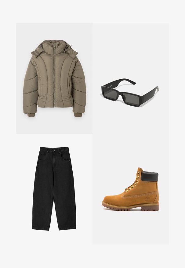 Ľahká zateplená bunda v olivovo zelenej farbe, s vysokým golierom, zipsovým zapínaním, rebrovými manžetami a prešívanou textúrou s oblíbenými švami.; Čierne bavlnené tričko s krátkymi rukávmi, s bielou obdĺžnikovou grafikou muchy na tenkej čiare, minimalizované značenie pod obrázkom.; Čierne denimové nohavice s širokými nohavicami a vysokým pásom, s piatimi vreckami, zapínaním na zips a kovovým gombíkom. Hladká textúra, minimálne detaily.; Tyrkysové semišové členkové topánky s čiernym polstrovaným golierom, zlatými kovovými očkami, bielym prešívaním a robustnou gumovou podrážkou s výraznými drážkami.; Čierne slnečné okuliare s obdĺžnikovými šošovkami, matný plastový rám a rovné hrany. Obsahujú logo značky na vnútornej strane ramenka.