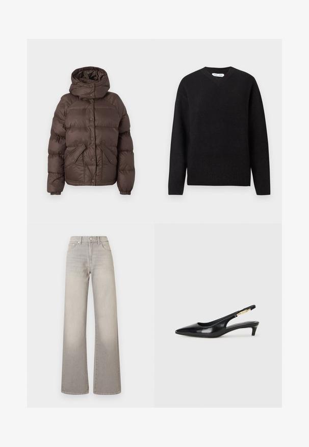 Brown puffer jacket with a hood, featuring a quilted design, snap buttons, and two side pockets. Made from water-resistant material.; Black v-neck sweater in a soft, wool blend, featuring long sleeves and ribbed cuffs and hem. Simple, classic design without patterns or accents.; Gray wide-leg jeans with a faded finish, button closure, five-pocket design, and stitched detailing along the seams.; Black leather slingback heels with a pointed toe, featuring a slim heel and a gold-tone accent on the adjustable strap. Smooth texture.