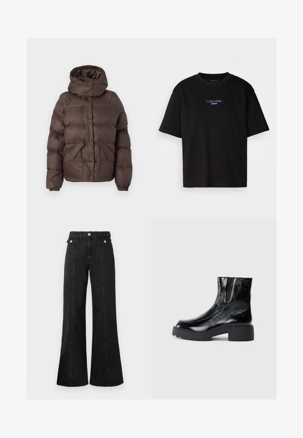 Brun pufferjakke med hætte, har et quiltet design, trykknapper og to sidelommer. Fremstillet af vandafvisende materiale.; Sort bomulds t-shirt med rund hals, korte ærmer og blåt broderet "Calvin Klein JEANS" logo på fronten.; Sorte denim flared jeans med høj talje, der har to frontlommer, hardware i sølv-tone og synlige sømdetaljer foran.; Sorte ankelstøvler med en blank patentlæderfinish, chunky sort gummisål og hævet hæl; inkluderer subtilt logodetalje på siden.