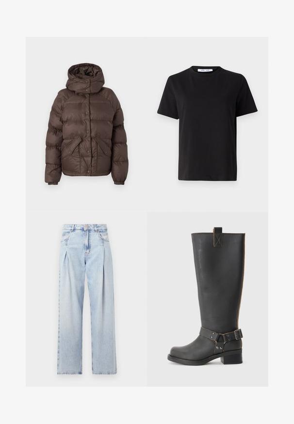 Brun pufferjakke med hætte, har et quiltet design, trykknapper og to sidelommer. Fremstillet af vandafvisende materiale.; Sort t-shirt med korte ærmer fremstillet af blødt bomuld, med rund halsudskæring, afslappet pasform og en glat overflade. Ingen synlige mønstre eller grafik.; Lyseblå denim jeans med høj talje, bred benåbning, to sidelommer og plisseret design. Blød tekstur med et falmet finish.; Sorte læderknæhøje støvler med en tekstureret overflade, der har en sidebuckle-detalje og en lav hæl. Særligt detaljeret syninger langs sømmene.
