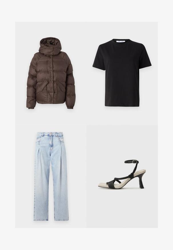 Braune Puffjacke mit Kapuze, verziert mit einem gesteppten Design, Druckknöpfen und zwei Seitentaschen. Hergestellt aus wasserabweisendem Material.; Schwarzes T-Shirt mit kurzen Ärmeln aus weicher Baumwolle, mit rundem Ausschnitt, lockerer Passform und glatter Textur. Keine sichtbaren Muster oder Grafiken.; Helle blaue Denim-Jeans mit hoher Taille, weitem Beinschnitt, zwei seitlichen Taschen und gefaltetem Design. Weiche Textur mit einem ausgebleichten Finish.; Schwarze Absatzsandale mit geflochtenem Riemendesign, quadratischer Spitze und verstellbarem Knöchelriemen. Helle beigefarbene Sohle mit glänzendem schwarzen Absatz.
