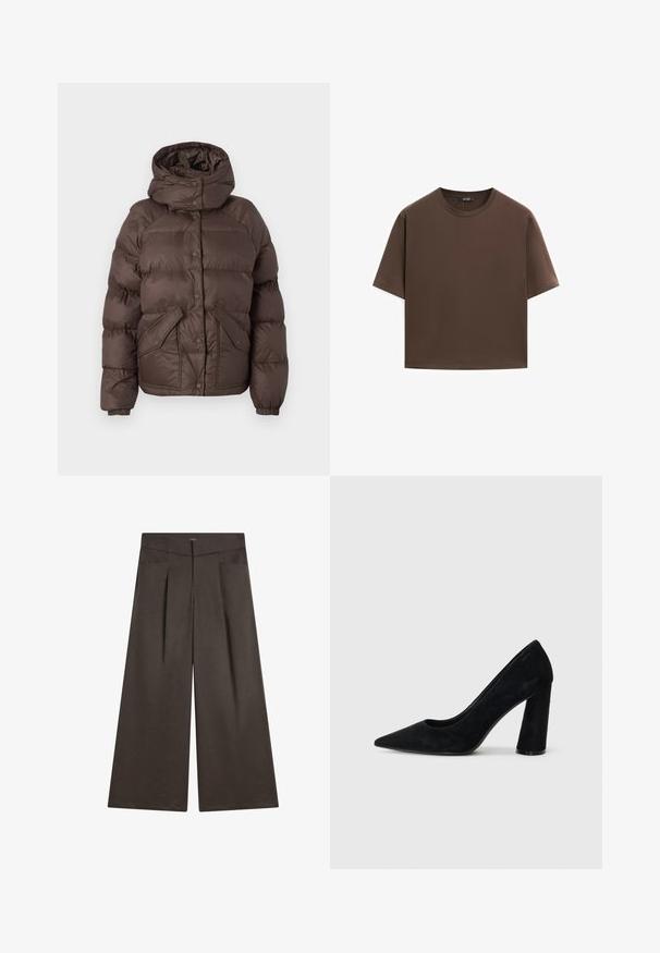 Brun pufferjakke med hætte, har et quiltet design, trykknapper og to sidelommer. Fremstillet af vandafvisende materiale.; Brun bomulds t-shirt, korte ærmer, rund halsudskæring, afslappet pasform, glat tekstur, minimalistisk design, ingen synlige mønstre eller accenter.; Vide benbukser i mørkebrunt stof med flad front, to sidelommer og en glat struktur med en skræddersyet silhuet.; Sorte ruskinds højhælede pumps med spids tå og bred hæl. Slankt design, glat tekstur og minimalistisk stil. Ingen synlig branding.