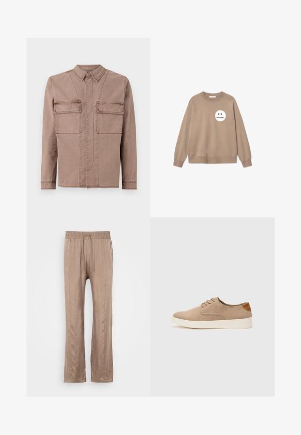 Ruskea puuvillatakki, jossa on kaulus, kaksi etutaskua, pystysuorat ompeluyksityiskohdat ja suora leikkaus.; Ruskea sweatshirt, jossa on röyhelöhiha ja röyhelöhelma, ja vasemmassa rinnassa suuri valkoinen hymyilevä kasvokuvio. Valmistettu pehmeästä puuvillasekoitteesta.; Vaaleanruskeat, leveälahkeiset housut, jotka on valmistettu sileästä kankaasta. Housuissa on joustava vyötärö, jossa on naru, ja kaksi etuoseen käännettyä viivaa.; Beige nubuck-lenkkarit, joissa on pyöreä kärki, nauhakiinnitys ja teksturoitu takaosa. Valkoinen kumipohja tuo kontrastia. Yksinkertainen ja moderni muotoilu.