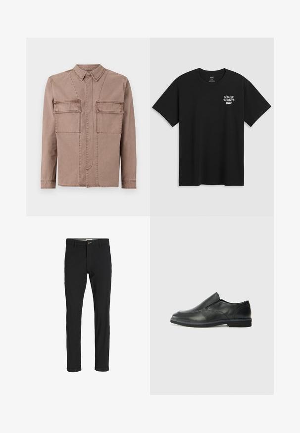 Smeđa pamučna jakna s ovratnikom, s dva prednja džepa, vertikalnim šavovima i ravnim krojem.; Crna pamučna majica s printom na prsima koji glasi "KUĆNE BILJKE" u bijelom stiliziranom fontu s "Levi's" ispod. Klasični okrugli izrez.; Crne hlače od pamuka sa slim fit krojem, s kopčanjem na dugme, džepovima i zavrnutim rukavima za ležeran izgled.; Crne kožne cipele na sklapanje s glatkom gornjom površinom, prošivenim detaljima, zaobljenim vrhom i niskim gumene potplate. Potplat ima minimalne uzorke.
