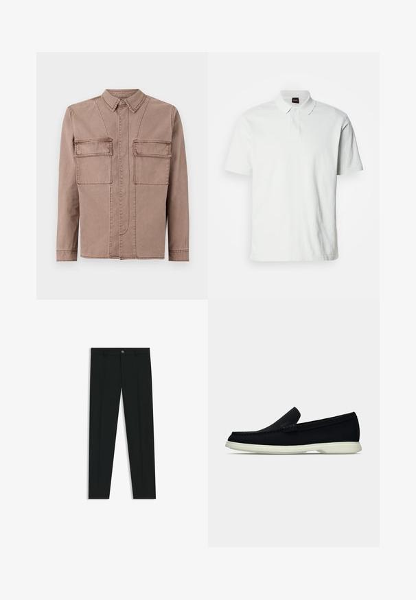 Brown cotton jacket with a collar, featuring two front pockets, vertical stitching details, and a straight cut design.; White polo shirt made of cotton, featuring a classic collar, two buttons, and subtle brand logo stitched on the front. Short sleeves.; Black dress pants with a straight-leg design, made of smooth fabric. Features a front button closure and belt loops. Plain without patterns.; Black slip-on shoe with a rounded toe, featuring a textured upper, smooth white sole, and subtle branding detail on the side.
