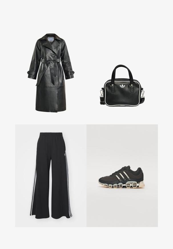 Černý kožený trench kabát s dvouřadým zapínáním, širokým límcem, páskem v pase a knoflíkovými manžetami. Hladká textura, délka ke kolenům.; Černé bavlněné tričko s bílými akcenty na límci a rukávech, které má tři bílé pruhy na každém rameni a malé logo na hrudi.; Černé pohodlné tepláky širokého střihu s elastickým pasem, na boční straně s bílými pruhy a vyšitým logem na levé stehně.; Černá atletická bota s texturovaným svrškem, třemi stříbrnými pruhy a výraznou odpruženou podrážkou se spoustou integrovaných sekcí.; Černá kožená kabelka se dvěma krátkými uchy, stříbrným kováním, bílými detaily a bílým logem. Má texturovaný povrch a kompaktní design.