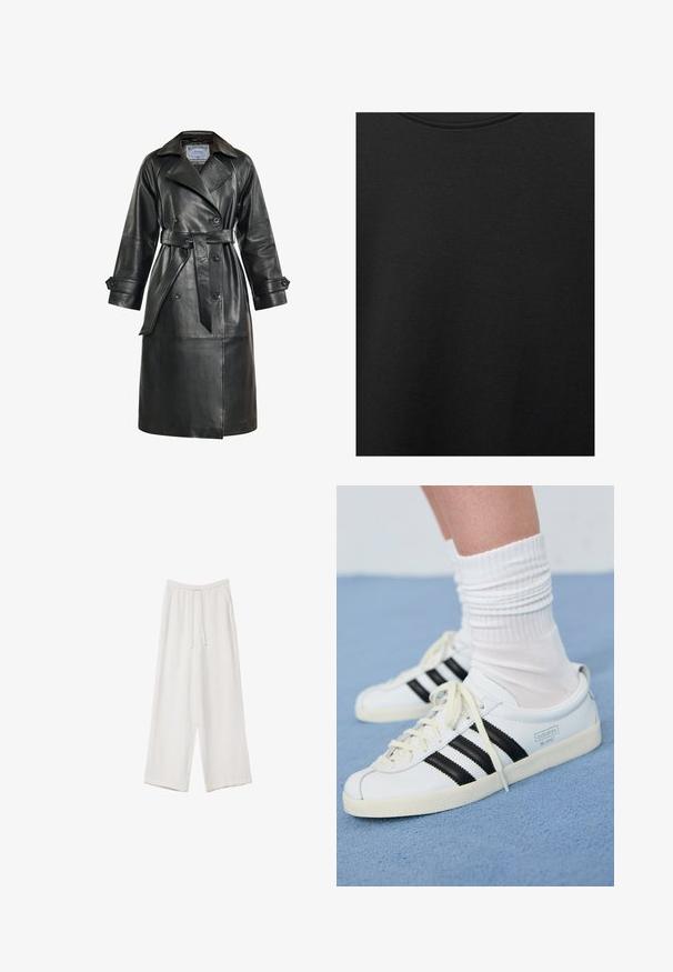 Trench coat in pelle nera con design doppiopetto, ampio colletto, vita con cintura e polsini con bottone. Texture liscia, lunghezza al ginocchio.; Tessuto di cotone nero con una texture liscia e scollatura rotonda, caratterizzato da un motivo a grana sottile e uniforme. Nessun logo o accento visibile.; Pantaloni a gamba larga bianchi realizzati in un tessuto leggero. Presentano una vita elastica con cordoncino e tasche laterali. Texture liscia.; Sneakers di pelle bianca con strisce nere, suola crema e lacci chiari. Indossati con calze bianche a coste, posizionati su uno sfondo blu.