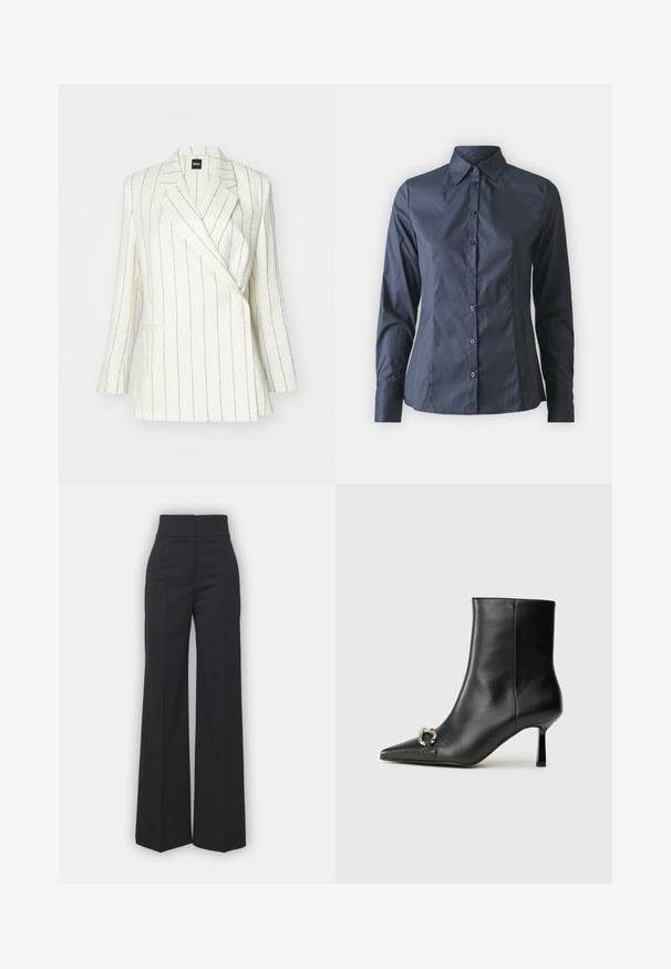 Blazer branco com padrão de risca de giz preta, lapelas recortadas e dois bolsos frontais. Feito de um tecido leve e texturizado para um ajuste elegante.; Camisa de manga longa azul-escura com fecho à frente por botões, gola pontiaguda e um corte ajustado. Feita de tecido suave e leve.; Calças largas em tecido preto com um cós alto, apresentando um acabamento limpo e uma textura suave. Sem hardware ou padrões visíveis.; Bota preta de couro até ao tornozelo com bico apontado, salto slim de altura média e detalhe em fivela prateada de lado, contra um fundo simples.