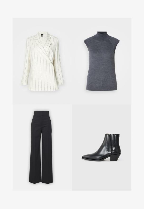 Baltas švarkas su juodais įstrižais raštais, su įpjovinėmis apykaklėmis ir dviem priekinėmis kišenėmis. Pagamintas iš lengvo, faktūrinio audinio, užtikrinančio pritaikytą siluetą.; Pilkas be rankovių golfo tipo marškinėlis, prigludusio silueto, su raukinėta tekstūra, sklandžiu audiniu, turi aukštą apykaklę ir madingus pečių išpjovimus.; Juodos plačios kojinės kelnės su aukštu juosmeniu, turinčios švarų apdailą ir lygų paviršių. Matomi jokių metalinių detalių ar raštų.; Juodas odinis aukšto bato konstrukcijos batas su smailiu nose, elastingais šoniniais paneleis su vertikaliomis grioveliais ir žemu blokuota pakulne. Lygi tekstūra ir elegantiškas dizainas.