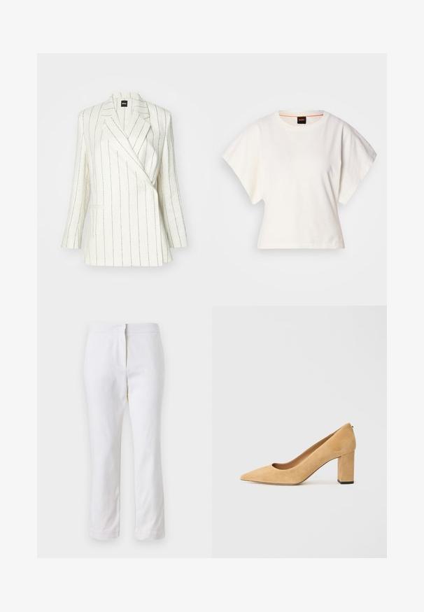 Balts bleizeris ar melnu svītru rakstu, ar iegrieztiem atlociem un divām priekšējām kabatām. Izgatavots no viegla, teksturēta auduma, lai nodrošinātu pieguļošu fasonu.; Balts īsais T-krekls, plašas īsas piedurknes, mīksts kokvilnas materiāls, apaļa kakla izgriezums ar delikātu oranžu apdari, minimāls dizains, bez rakstiem vai grafikām.; Baltas kokvilnas bikses ar taisnu kāju dizainu, ar vidēju augstumu un bez redzamām detaļām vai rakstiem. Visā virsmā ir gluda tekstūra.; Bežīgas zamšādas augstpapēžu kurpes ar smailu purngali un masīvu bloku papēdi. Materiāls ir ar mīkstu tekstūru un gludu apdari.