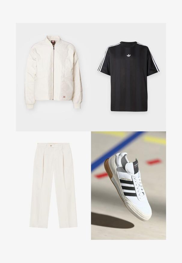 Pūkuotas bomber tipo švarkas kremiškai baltos spalvos, su pilnu užtrauktuku, stovinčiu apykakle, dviem priekinėmis kišenėmis ir guma apdailintais rankovėmis. Puošia siūtos panelių dizainas.; Juodas trumpomis rankovėmis marškinėliai su balta trimis juostelėmis ant pečių ir mažai balta logotipo krūtinėje. Lygus audinio tekstūra.; Baltos, plačios kelnės su klostėmis priekyje, vienu mygtuku užsegamos ir šoninėmis kišenėmis. Lygus paviršius ir tikslaus silueto dizainas.; Balti Adidas Mundial Goal sportiniai batai su juodomis juostelėmis ir guminiu padu, pavaizduoti ore virš sporto aikštelės grindų su spalvotomis linijomis.