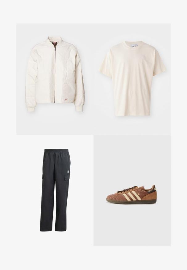 Jachetă bomber căptușită în alb-crem cu fermoar complet, guler în picioare, două buzunare frontale și manșete strâmte. Prezintă un design cu panouri cusute.; Tricou din bumbac crem cu guler rotund și mâneci scurte; prezintă un mic logo de culoare deschisă pe piept.; Pantaloni cargo negri cu talie elastică, două buzunare laterale și un logo subtil pe coapsa stângă. Confecționați dintr-un material ușor.; adidas Originals SAMBA UNISEX - Sneakers low - preloved brown/sand strata/dark brown
