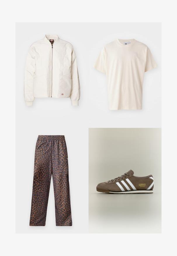 Podložena bomber jakna v off-white barvi s celotnim zadrgo, stoječim ovratnikom, dvema sprednjima žepoma in rebrastimi manšetami. Ponaša se z našitim panelnim dizajnom.; Kremasta bombažna majica s krožnim izrezom in kratkimi rokavi; vsebuje majhen, svetleč logotip na prsih.; Hlače s leopardjim vzorcem in elastičnim pasom. Narejene iz sijočega materiala, z rjavo osnovo in črnimi pikami ter ohlapnim krojem.; Rjav semiš športni copat s tremi belimi črtami, ravnim gumijastim podplatom, okroglim sprednjim delom in zlatim logotipom "adidas Italia" na strani.