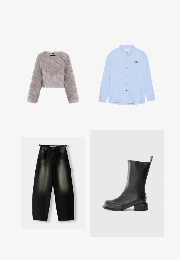 Gray faux fur cropped jacket with long sleeves, textured fabric, and a round neckline. Features a zip closure and no visible hardware.; Light blue button-up shirt made of smooth fabric. Features a collar, long sleeves, black buttons, and a small black logo on the left chest.; Baggy black denim pants with a faded texture, five pockets, and a loop on the waistband. The design features a loose fit and straight legs.; Black leather ankle boot with a block heel, smooth texture, rounded toe, and a heel tab featuring yellow branding.