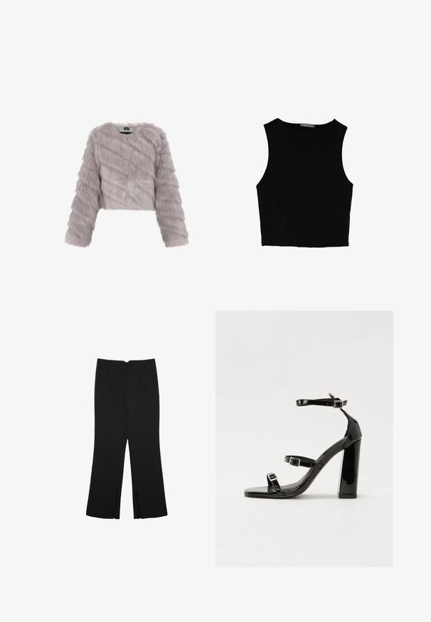 Grå faux fur cropped jakke med lange ærmer, struktureret stof og rund halsudskæring. Har en lynlåslukning og ingen synlig hardware.; Sort ærmeløs crop top lavet af glat stof, med rund hals og et rent, enkelt design uden mønstre eller hardware.; Sorte bukser med lige pasform, der har frontlommer og slidser i kanten. Lavet af blødt, glat stof. Velegnet til forskellige anledninger.; Sorte patenterede hælsandaler med firkantet tå, ankelremme og sølvspænder. Har en chunky blokHæl for stabilitet.