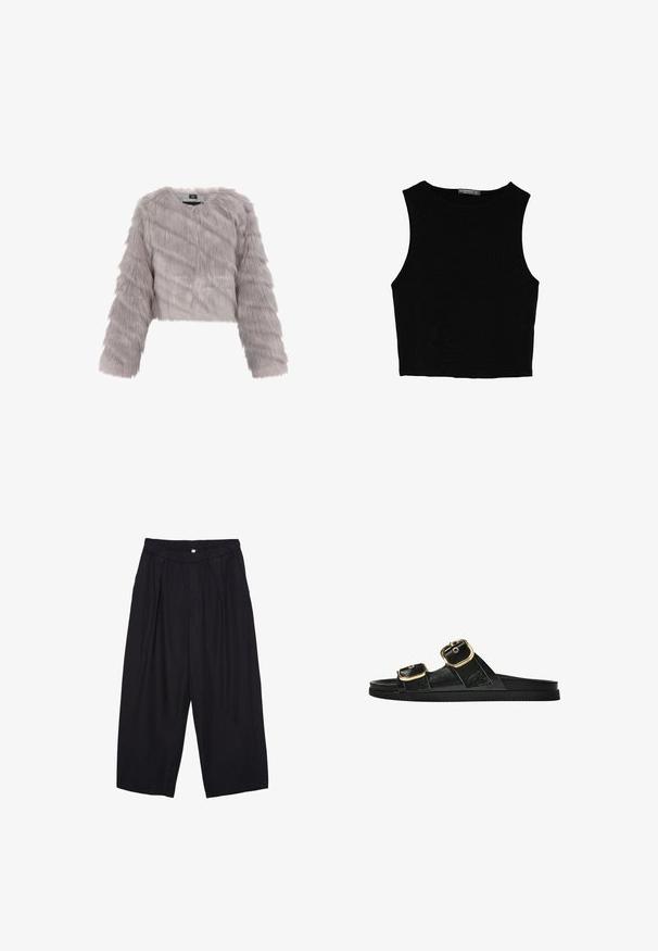 Harmaa tekoturkki lyhyt takki, jossa on pitkät hihat, teksturoitu kangas ja pyöreä kaula-aukko. Varustettu vetoketjulla ja ilman näkyvää metalliosaa.; Musta hihaton crop-top, joka on valmistettu sileästä kankaasta, jossa on pyöreä kaula-aukko ja siisti, yksinkertainen muotoilu ilman kuvioita tai varusteita.; Musta polyesterinen culotte-housut, jossa on joustava vyötärö, kaksi etupleettiä ja löysä siluetti. Ei näkyviä kuvioita tai metallisia yksityiskohtia.; Musta liukusandaali, jossa on kaksi kultaisesta solkesta tehtyä korostusta, sileäpintainen materiaali, litteä pohja ja minimalistinen muotoilu.