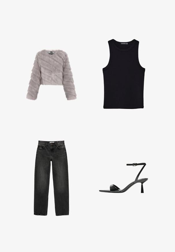 Grå faux fur cropped jakke med lange ærmer, struktureret stof og rund halsudskæring. Har en lynlåslukning og ingen synlig hardware.; Sort tank top lavet af bomuld, med rund halsudskæring og brede armhuller. Glat tekstur med syede kanter. Klassisk, minimalistisk design.; Sort denim jeans med en afslappet pasform, lige ben, fem-lomme design og en let falmet tekstur. Knap- og lynlåslukning foran.; Bershka Højhælede sandaletter / Højhælede sandaler - black