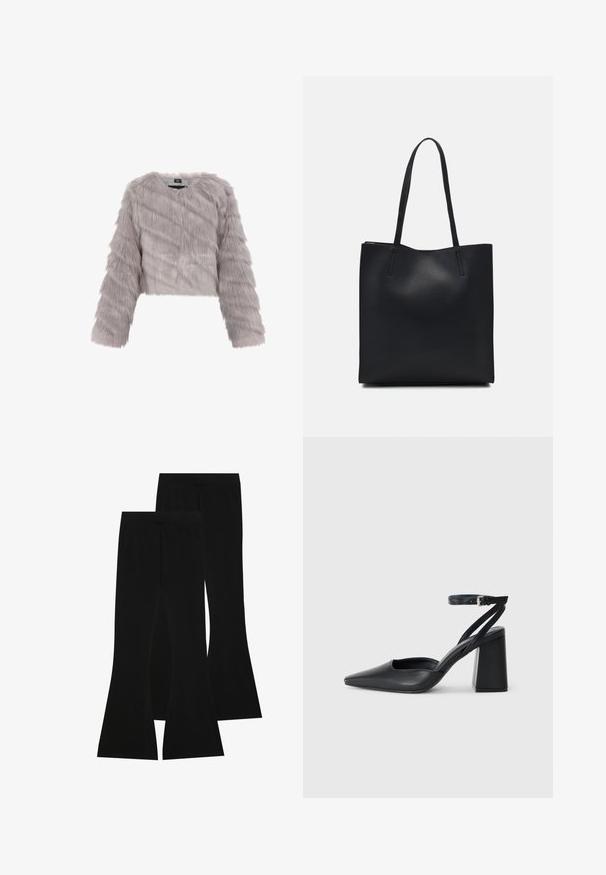 Pelēka mākslīgās kažokādas croptop jaka ar garām piedurknēm, teksturētu audumu un apaļu dekoltē. Ievietota ar rāvējslēdzēju, bez redzamām detaļām.; Melna kokvilnas T-kreklu ar īsām piedurknēm, virs baltas garām piedurknēm ar smalku teksturētu rakstu. Apaļas kakla izgriezuma dizains.; Melni platie bikses, izgatavotas no elastīgas auduma, ar augstu vidukli un gludu tekstūru, ar pieguļošu dizainu, kas paplašinās no ceļa.; Melna ādas augstpapēžu kurpe ar norakstīto purngala formu, potītes siksniņu un masīlu papēdi. Gluda tekstūra, elegants dizains un minimālisma estētika.; Melnas ādas somiņa ar gludu tekstūru, taisnstūra formu un divām garām rokturiem. Nav redzamu aparatūras vai rotājumu.