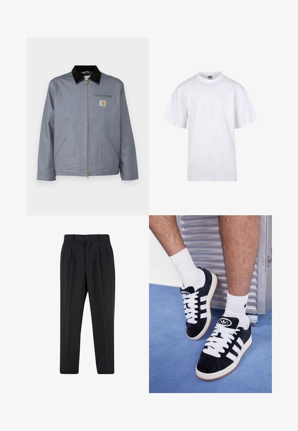 Gray cotton jacket with a black corduroy collar, front zipper, and chest pocket featuring a yellow Carhartt logo. Two side pockets included.; White cotton t-shirt with a crew neckline, short sleeves, and a relaxed fit. Features plain design without patterns or accents.; Black trousers with a pleated front design, made from smooth fabric. Features a button closure and belt loops; straight-leg fit.; Black suede sneakers with white laces and three white stripes. Features a circular black logo on the tongue and a gum rubber sole.