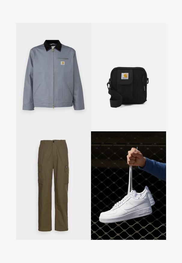 Grijze katoenjack met een zwarte corduroy kraag, voorrits en borstzak met een geel Carhartt-logo. Inclusief twee zijzakken.; Witte korte mouwen t-shirt van katoen, met een ronde hals en een zachte textuur, met een rechte snit en zonder patronen.; Olijfgroene cargobroek, gemaakt van duurzaam stof. Beschikt over twee zijzakken, een standaard taille en een rechte pijp.; Witte leren sneakers met perforaties, ronde neus, vlakke zool en dikke veters, met een zichtbare swoosh-logo en "AIR" op de hiel.; Zwarte schoudertas met een rits hoofdcompartiment, voork pocket, verstelbare strap en een zichtbaar logo op de klep.