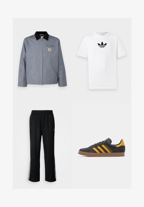 Casaco de algodão cinza com colarinho de cores em preto, fecho frontal com zíper e bolso no peito com o logótipo amarelo da Carhartt. Inclui dois bolsos laterais.; T-shirt de algodão branco com um logo preto da Adidas no centro. Mangas curtas e um design de gola redonda. Textura suave.; Calças atléticas pretas com um cós elástico, apresentando riscas brancas laterais e um pequeno logótipo. O material parece macio e leve.; Tenis em camurça preta com detalhes amarelos, apresentando três riscas e uma sola de borracha castanha. Inclui uma língua acolchoada para maior conforto.