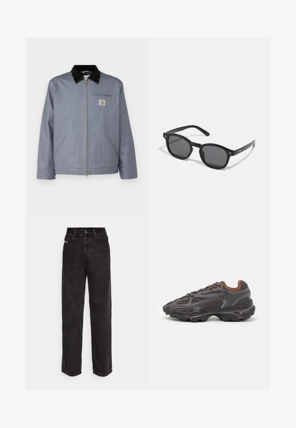 Grå bomuldsjakke med en sort kordfløjskrave, frontlynlås og brystlomme med et gult Carhartt-logo. To sidelommer inkluderet.; Sort langærmet t-shirt lavet af bomuld, med rund halsudskæring og et lille grønt broderet krokodillelogo på venstre bryst.; Sorte denim wide-leg bukser med høj talje, frontknaplukning, to sidelommer og subtile syninger.; Lacoste sneakers i mørkegrå med mesh og syntetisk materiale, udstyret med en tekstureret sål og brune accenter på kraven og brandingen.; Sorte ovale solbriller med mørke linser, tykke rammer og sølvprikker som pynt på siderne. Glat plastmateriale, moderne design.