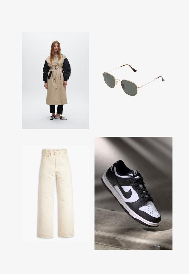 Beżowy płaszcz trencz z czarnymi rękawami, podwójne zapięcie z przodu, pas z paskiem w talii i kieszeniami bocznymi; połączony z szarym hoodie i czarnymi spodniami.; Biała bluzka z długim rękawem o szerokim dekolcie, z bocznymi rozcięciami i gładkiego, lekkiego materiału, charakteryzująca się prostym, minimalistycznym designem.; Beżowe jeansy szerokie z bawełnianego dżinsu. Cechy obejmują wysoki stan, zapięcie na guzik oraz pięć kieszeni. Gładka, trwała tekstura.; Czarno-białe sneakersy Nike Dunk Low z cholewką skórzaną, perforowanym noskiem i czarnymi sznurowadłami, z białą podeszwą i akcentami logo.; Złote okulary przeciwsłoneczne w stylu aviatora z ciemnozielonymi soczewkami, z wąskimi ramionami i akcentami w panterkę na końcach.; Szara tkana torba w kształcie trójkąta, z jednym paskiem i teksturowaną powierzchnią, zamykana na zamek, z równomiernym wzorem na całej powierzchni.