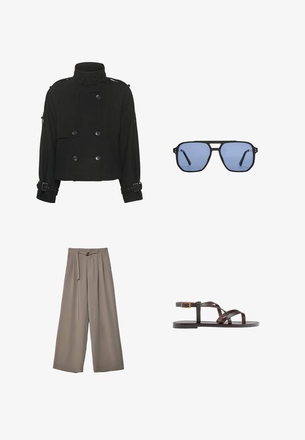 Gestuz AVIC JACKET - Overgangsjakke - black; Hvid T-shirt lavet af blødt, let stof. Har en rund halsudskæring og korte, brede ærmer med en afslappet pasform. Ingen synlige mønstre.; Vide ben bukser i et blødt, afdæmpet grå stof, med en bælte i taljen og plisseringer for ekstra designdetalje. Glat tekstur, ingen mønstre.; Brune lædersandal med krydsende stropper, ankelspænde og en flad sål med minimale syninger.; Stradivarius RETRO - Solbriller - light blue