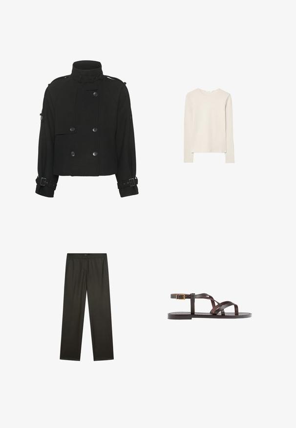 Gestuz AVIC JACKET - Overgangsjakke - black; Lys beige langærmet top lavet af blød stof, med rund halsudskæring og en afslappet pasform med lige kant og minimal syning detaljer.; Mørkegrønne, vide bukser med en glat tekstur, elastisk talje og sidelommer. Simpelt design uden synlige mønstre eller metaldele.; Brune lædersandal med krydsende stropper, ankelspænde og en flad sål med minimale syninger.