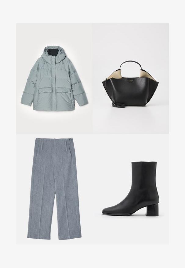 Light gray padded jacket with a hood, featuring a zip front, two large front pockets, and drawstring accents at the hood. Smooth texture.; Black long-sleeve top made of soft fabric, featuring a round neckline and a relaxed fit with side slits at the hem for ease of movement.; Light gray, wide-leg trousers made of textured fabric, featuring two front pleats and two side pockets. Clean, tailored design.; Black leather ankle boot with a pointed toe and a chunky square heel. Smooth texture with a seamless design and minimalistic stitching.; Ree Projects ANN TOTE MINI - Handbag - black