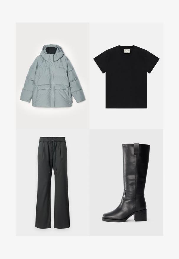 Light gray padded jacket with a hood, featuring a zip front, two large front pockets, and drawstring accents at the hood. Smooth texture.; Black short-sleeve crew neck t-shirt with a white tag inside the collar labeled "D.R.C. EST. 2002" on a white background.; Black wide-leg pants with elastic waistband and long drawstrings, displayed on a plain white background.; Black leather knee-high boots with a smooth texture, square toe, block heel, and side pull tab, featuring minimal stitching details.