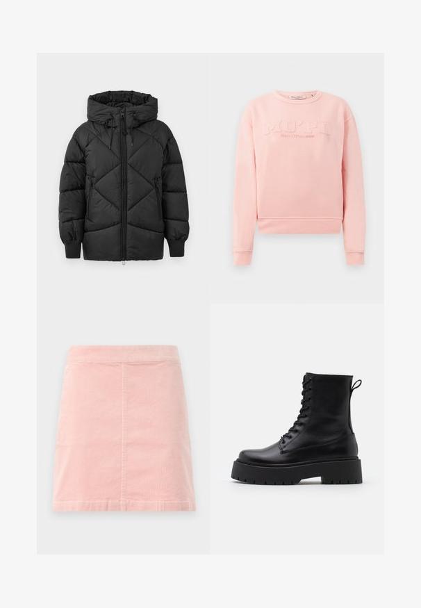 Czarna pikowana kurtka z kapturem, z zamkiem błyskawicznym, w rombowy wzór i ściągaczami przy mankietach. Miękka, gładka tekstura.; Różowa bluza z miękkiego materiału, z prążkowanymi mankietami i dołem. Z przodu znajduje się tłoczone napisy "MO'PD Marc O'Polo DENIM."; Biała, krótkorękawowa koszulka wykonana z prążkowanego materiału. Posiada okrągły dekolt i dopasowany krój. Gładka faktura bez wzorów.; Różowa mini spódnica z korduroy o dopasowanej talii i pionowej, prążkowanej fakturze. Doły są proste, a spódnica ma prosty fason bez ozdób.; Czarne skórzane botki za kostkę z okrągłym noskiem, sznurówką z przodu i grubą gumową podeszwą z teksturowanym bieżnikiem. Pętelka do zakładania z tyłu.