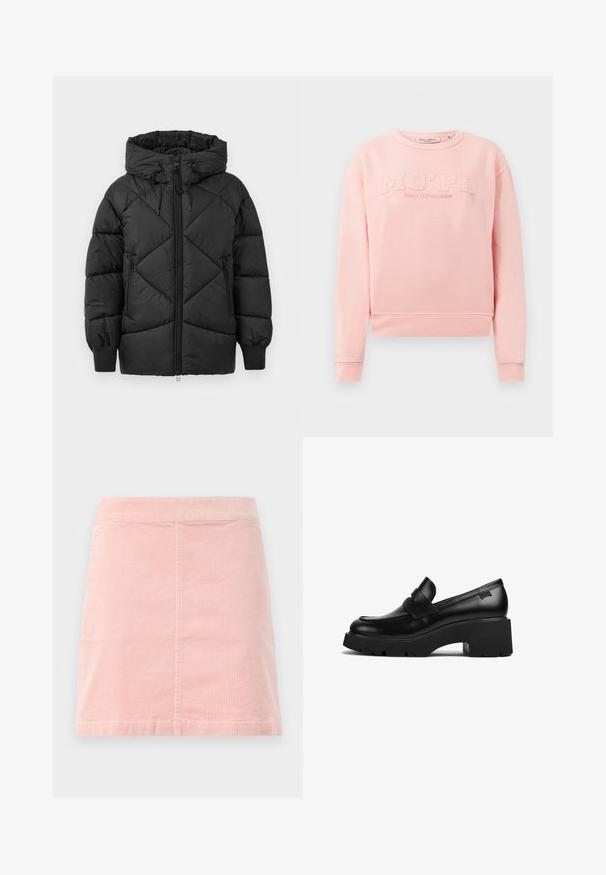 Melnā polsterētā jakā ar kapuci, ar rāvējlūžņa aizdari, dimanta izšuvuma rakstu un ribota malām. Mīksta, gluda tekstūra.; Rozā sporta krekls, kas izgatavots no mīksta auduma, ar ribotām piedurknēm un apakšmalu. Priekšpusē ir reljefais uzraksts "MO'PD Marc O'Polo DENIM."; Baltas īsām piedurknēm T-krekls, izgatavots no ribota kokvilnas auduma. Pieguļošs dizains ar apaļu izgriezumu un gludu tekstūru. Bez rakstiem vai rotājumiem.; Rozā korduroja mini svārki ar pieguļošu jostu un vertikālu ribotu tekstūru. Malas ir taisnas, un svārki ir vienkārša dizaina bez rotājumiem.; Melnas ādas chunky papēža loafers ar biezu zoli un siksniņas detaļu pāri augšai, attēlots no sāna uz baltas fona.