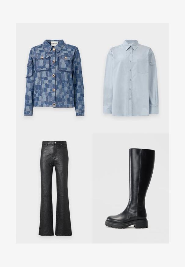 Džinsinis švarkas su mėlynu siuvinėjimo raštu, sidabrinėmis sagutėmis ir dviem priekinėmis kišenėmis. Medžiaga turi tekstūruotą paviršių ir aptrauktus kraštus.; Šviesiai mėlynas ilgomis rankovėmis marškiniai su smailiu apykakle ir krūtinės kišene, ištiesti ant baltos fono.; Juodos odinės platėjančios kelnės su subraižyta tekstūra, aukšta juosmens linija, priekinių kišenių ir klasikine mygtukų uždarymo sistema su užtrauktuku.; Juodi iki kelių siekiantys batai, pagaminti iš lygaus odos, su apvalia nosimi ir masyviais guminiais padais su protektoriaus raštais, užtikrinančiais sukibimą.