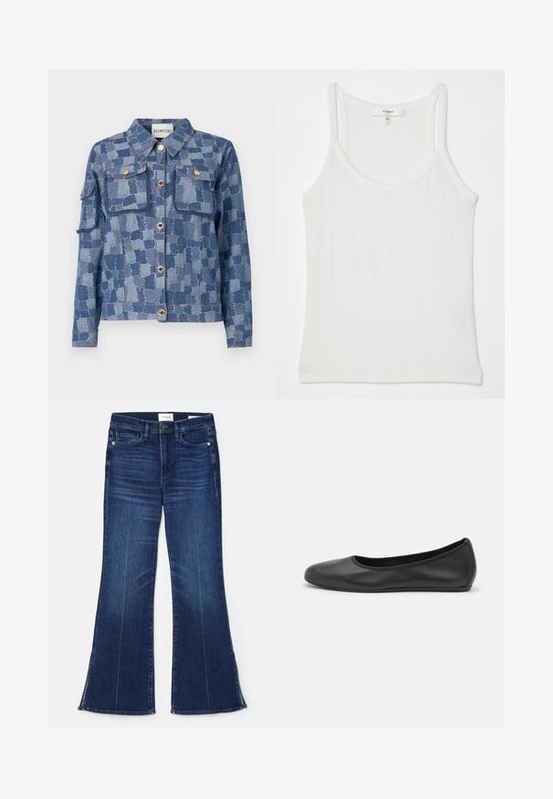 Jeansowa kurtka z niebieskim wzorem patchworkowym, srebrnymi guzikami i dwoma przednimi kieszeniami. Materiał ma fakturowane wykończenie i postrzępione krawędzie.; Biała bezrękawnikowa bluzka wykonana z miękkiego, żebrowanego materiału; posiada cienkie ramiączka oraz okrągły dekolt, metka głosi "FRAME".; Ciemnoniebieskie dżinsy z rozszerzanymi nogawkami, wykonane z denimu. Posiadają wysoki stan, przednie kieszenie i rozcięcia na dole nogawek. Klasyczny pięciokieszeniowy fason.; Czarne skórzane baletki z zaokrąglonym noskiem, gładką fakturą, minimalnymi przeszyciami i elastycznym designem podeszwy.