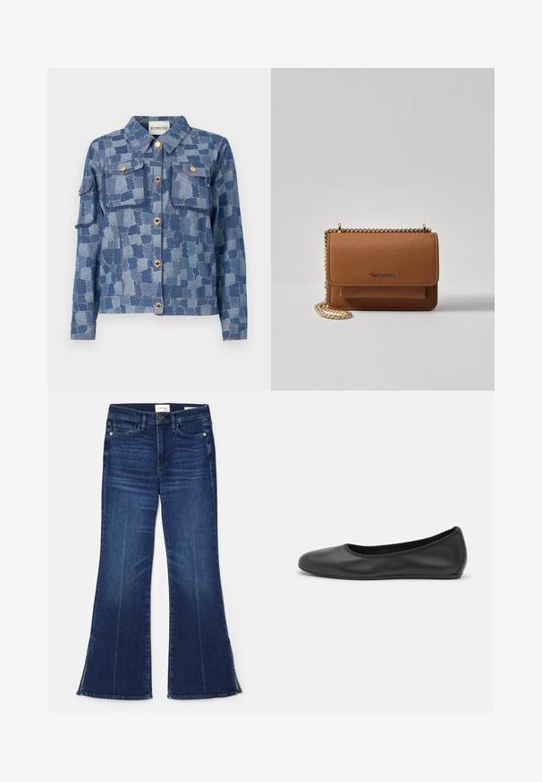 Denim jaka ar zilu apģērbu rakstu, sudraba pogām un divām priekšējām kabatām. Materiāls ir ar teksturētu apdari un plēstu maliņu.; Balta bezpalakaina kreklveida blūze, izgatavota no mīksta, ribota auduma; ar plānām siksniņām un apaļu kakla izgriezumu, birka ar uzrakstu "FRAME".; Tumši zili zvērīši, izgatavoti no denima. Iespējas augsta jostasvieta, priekšējās kabatas un šķēlumi apakšmalā. Klasisks piecu kabatu dizains.; Melna ādas baleta kurpe ar noapaļotu purngalu, gludu tekstūru, minimālu šuvju detalizāciju un elastīgu zoles dizainu.; Brūna teksturēta ādas plecu soma ar zelta ķēdes siksnu un atloka aizdari. Priekšpusē ir logotipa detaļa un kabata zem atloka.