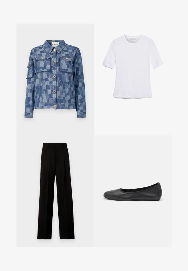 Jachetă din denim cu un model de patchwork albastru, butoane argintii și două buzunare frontale. Materialul are o finisare texturată și margini desfăcute.; Tricou alb cu mânecă scurtă, confectionat dintr-un material texturat. Gât rotund, tăietură regulară și detalii subtile de cusătură. Fără modele sau grafice.; Pantaloni negri cu picioare largi, confecționați dintr-un material neted, cu talie înaltă, pliseuri frontale și un design curat, croit, fără embellishments.; Balerini din piele neagră, cu vârf rotund, textură netedă, detalii de cusătură minimale și un design al tălpii flexibil.