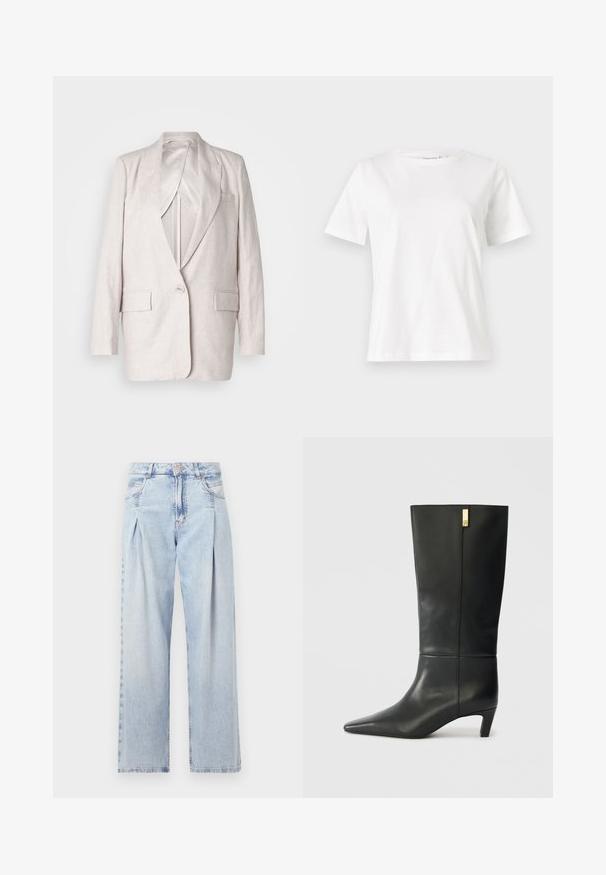 Light beige linen blazer with notched lapels, a single button closure, and two front pockets; fully lined with a smooth texture.; White cotton t-shirt with short sleeves, round neckline, and a relaxed fit. Smooth texture, no patterns or accents, minimalistic design.; Light blue denim jeans with a high waist, wide-leg cut, two side pockets, and pleated design feature. Soft texture with a faded finish.; Black leather knee-high boot with a pointed toe and a small heel. Features a sleek design with a gold accent detail. Smooth texture.