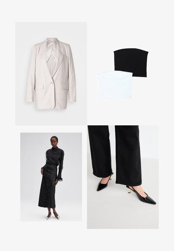 Light beige linen blazer with notched lapels, a single button closure, and two front pockets; fully lined with a smooth texture.; Two seamless tube scarves: one black and one white. Both are made of soft, stretchy fabric and feature a smooth texture without patterns.; Black button-up blouse with sheer sleeves, paired with a sequined black midi skirt, and silver high-heeled shoes. Elegant and textured design.; Simmi London JUNE - Classic heels - black