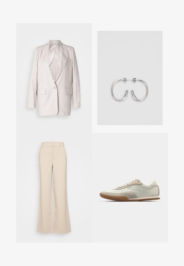 Lys beige linned blazer med skarp lapel, en enkelt knaplukning og to frontlommer; fuldt foret med en glat tekstur.; Sort kortærmet turtleneck top lavet af letvægtsstof med en glat tekstur og en tætsiddende pasform, der har en høj hals.; Beige vidde bukser med en glat overflade, der har en høj talje og to forlommer. Renset design med en skræddersyet pasform.; Hvide og beige sneakers med en glat overdel og suede detaljer, en tekstureret sål og tonet syninger. Snørelukning med logo detalje.; Sølv hoop øreringe med en glat, skinnende overflade. Rundet form, letvægtsdesign med post-back lukning.