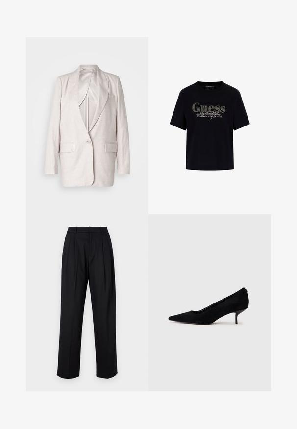 Jasno beżowa lniana marynarka z wykładanymi klapami, pojedynczym zapięciem na guzik i dwoma przednimi kieszeniami; w pełni podszewkowana o gładkiej fakturze.; Czarny bawełniany t-shirt z okrągłym dekoltem i krótkimi rękawami. Posiada błyszczące logo "Guess" oraz napis "Established Nineteen Eighty One".; Czarne spodnie o dopasowanym kroju, z wysokim stanem, fałdami i prostymi nogawkami. Wykonane z gładkiego materiału w jednolitej kolorystyce.; Czarny zamszowy but na wysokim obcasie z wydłużonym noskiem i smukłym, niskim obcasem. Gładka tekstura z eleganckim wzornictwem, bez widocznych elementów metalowych.