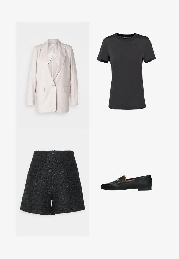 Light beige linen blazer with notched lapels, a single button closure, and two front pockets; fully lined with a smooth texture.; Black short-sleeve t-shirt made of smooth fabric. Features a crew neck with no visible patterns or accents, offering a simple design.; Black woven shorts with a textured finish and a subtle sheen. Features a high waist and a structured A-line shape.; Manfield Slip-ons - schwarz