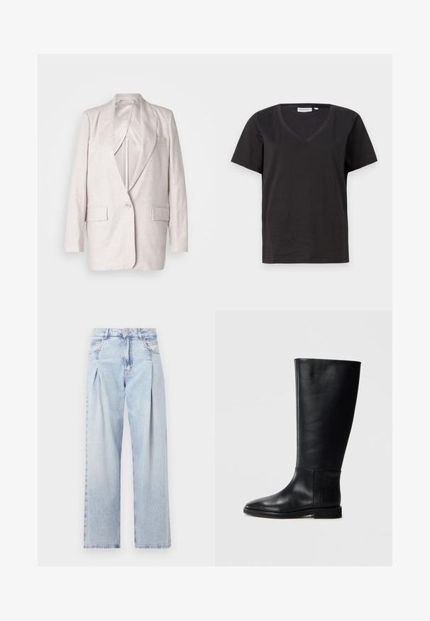 Šviesiai smėlio spalvos lininis švarkas su iškirptėmis, vienu mygtuku užsegamas ir dviem priekinių kišenių; visiškai pamuštas su lygiu paviršiumi.; Juodas medvilninis marškinėlis su V formos iškirpte ir trumpomis rankovėmis. Paprastas dizainas, reguliaraus kirpimo, be raštų ar akcentų.; Šviesiai mėlyni džinsai su aukštu liemeniu, plačiomis kojomis, dviem šoninėmis kišenėmis ir raukinių dizainu. Minkšta tekstūra su nudilusia apdaila.; Juodos odinės kelio ilgio boot'ai su apvaliu pirštu, lygia tekstūra, minimalistiniu dizainu ir plokščiu padu. Paprasti siuvinėjimo detalės ant šonu.