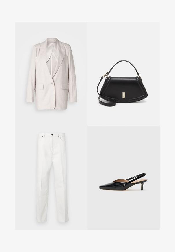Lichtbeige linnen blazer met notch-lapels, een enkele knoopsluiting en twee voorkezen; volledig gevoerd met een soepele textuur.; Zwarte katoenen t-shirt met een ronde hals, korte mouwen en een geborduurd logo op de borst. Eenvoudige, comfortabele pasvorm zonder patronen.; Witte denim broek met een rechte snit, knoopsluiting en twee voorkruiden. Geen zichtbare patronen of versieringen. Vlotte textuur.; Zwarte lakleren slingback pump met een puntige neus, kleine hak en een uitsnijd ontwerp op de wreef. Goudkleurige accenten aan de zijkant.; Zwarte leren handtas met een gestructureerd ontwerp, featuring een verkorte vorm, bovenhandvat en gouden hardwareaccent. Inclusief verstelbare schouderband.