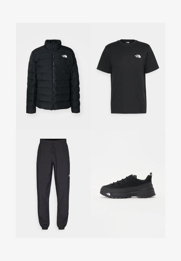 Black puffer jacket with quilted sections, high collar, front zipper, and small white logo on the left chest. Lightweight and insulated design.; Black cotton t-shirt with short sleeves, crew neck, and a small white logo on the left chest. Simple design, smooth texture, and relaxed fit.; Black athletic pants made from lightweight fabric, featuring a drawstring waistband, side pockets, and tapered cuffs at the ankles.; Black outdoor sneaker with a suede upper, textured rubber sole, and sturdy lacing system. Features a reinforced heel and brand logo on the side.