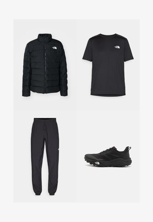 Melnā pūkāmā jaka ar kvadrātveida šuvēm, augstu apkakli, priekšējo rāvējslēdzēju un mazu baltu logo uz kreisā krūša. Vieglas un izolētas konstrukcijas.; Melnas īsām piedurknēm T-kreklas, izgatavots no viegla auduma. Uz kreisā krūtīm ir neliels balts logo un smalki plecu akcenti.; Melni sporta bikses, kas izgatavotas no viegla auduma, ar savelcamu jostu, sānu kabatām un sašaurinātiem apakšējiem galiem pie potītēm.; Melnas taku skriešanas kurpes ar teksturētu virsu, gumijas zoli un pastiprinātu pirkstu daļu. Aprīkotas ar mīkstu apkakli un vilkšanas cilpu, lai viegli uzvilktu.