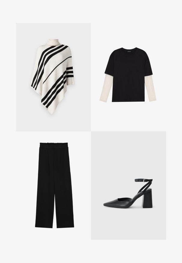 Strikket poncho i krem med svarte diagonale striper. Høy krage og asymmetrisk kant. Myk tekstur og allsidig design. Passer godt til lag-på-lag.; Svart T-skjorte laget av bomull, med korte ermer over et hvitt langermet lag med en subtil teksturert mønster. Rund hals design.; Svarte vide bukser med rynket liv, med to sidelommer og et glatt, lett stoff. Ingen synlige mønstre eller metalldeler.; Svart lær pumps med spiss tå, ankelrem og kraftig hæl. Flat tekstur, strømlinjeformet design og minimalisme.