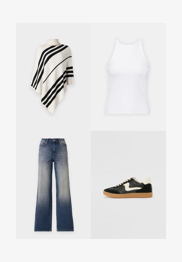 Πλεκτό πόντσο σε κρέμ χρώμα με μαύρες διαγώνιες ρίγες. Υψηλό κολάρο και ασύμμετρο τελείωμα. Μαλακή υφή και ευέλικτος σχεδιασμός. Κατάλληλο για layering.; Λευκό μανίκι τοπ χωρίς μανίκια φτιαγμένο από ριμπ ύφασμα, με στρογγυλή λαιμόκοψη και εφαρμοστή σιλουέτα, με ελάχιστες ραφές και χωρίς διακοσμήσεις.; Ψηλόμεσα, φαρδιά τζιν σε ελαφριά έως σκούρα μπλε τζιν με ξεθώριασμα, με κλείσιμο κουμπιού και θηλιές ζώνης. Καθαρό τελείωμα και χωρίς ορατές διακοσμήσεις.; Μαύρο σουέτ και δερμάτινο παπούτσι αθλητικών με κρέμ πλευρική ρίγα και ανοιχτό κρέμ τακούνι. Διαθέτει μπεζ κορδόνια και σόλα από καουτσούκ.