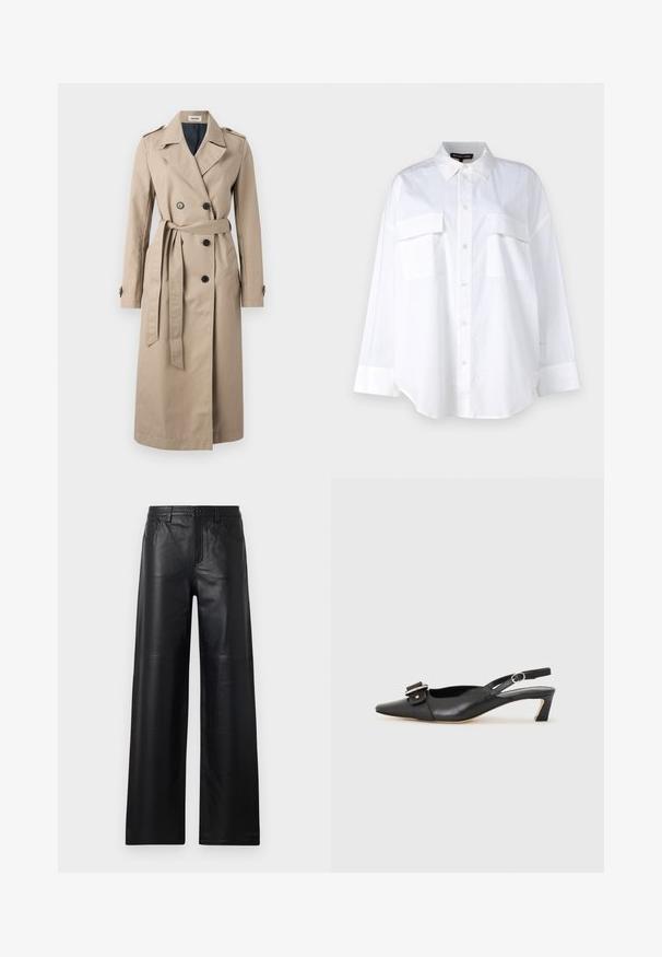 Zadig & Voltaire MANDY - Trench - latte; Chemise blanche à boutons en coton, présentant un col classique, deux poches poitrine et des manches longues avec poignets. Texture lisse.; Pantalons en cuir noir à jambes larges avec une texture lisse, dotés de poches avant, d'une fermeture par bouton et de détails de couture subtils.; Chaussure slingback en cuir noir avec un bout pointu, un petit talon et un détail de boucle décoratif sur le dessus. Texture lisse, design minimaliste.